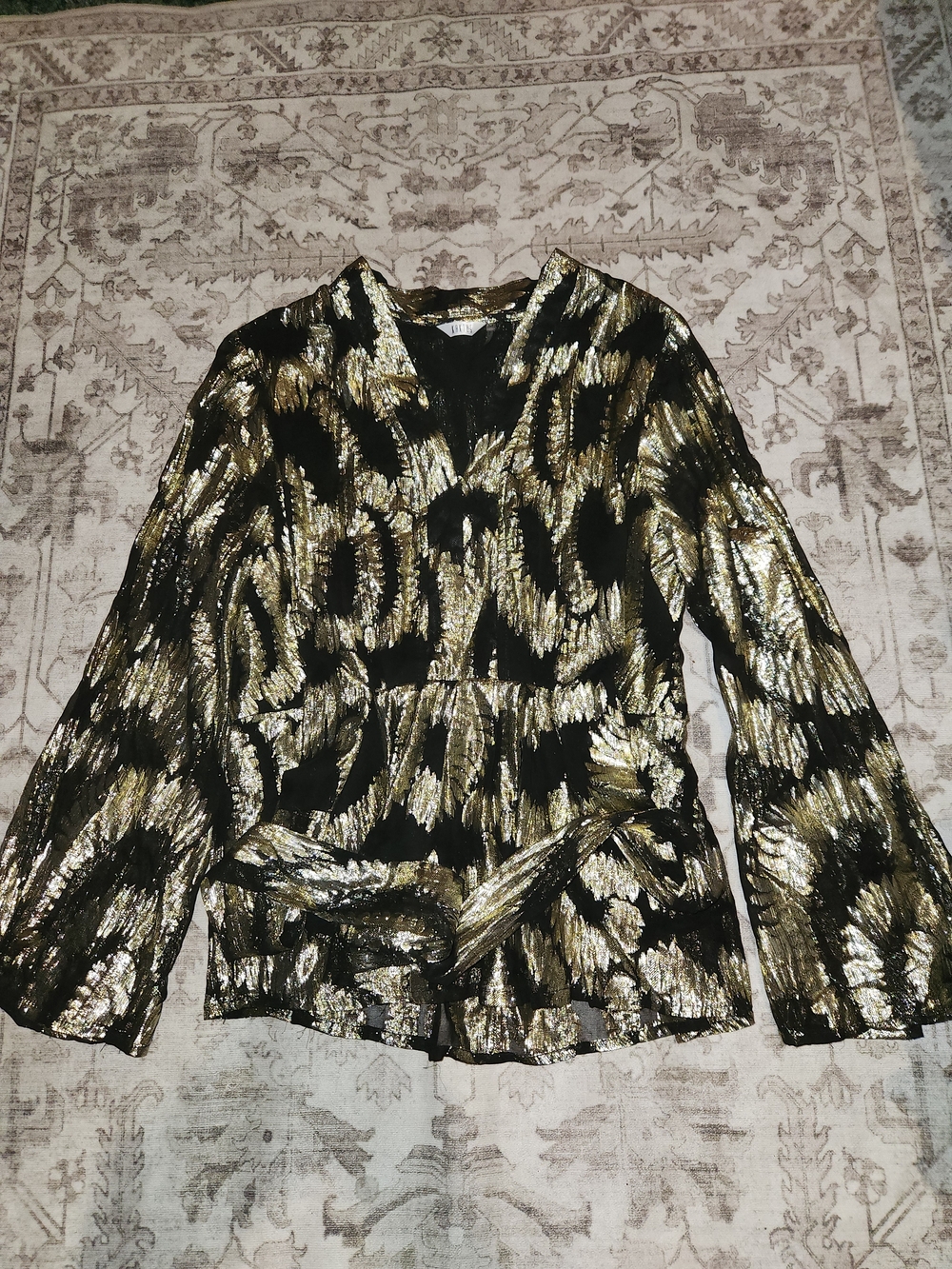 Kaktus Black and Gold Metallic V-Neck Women’s Blouse